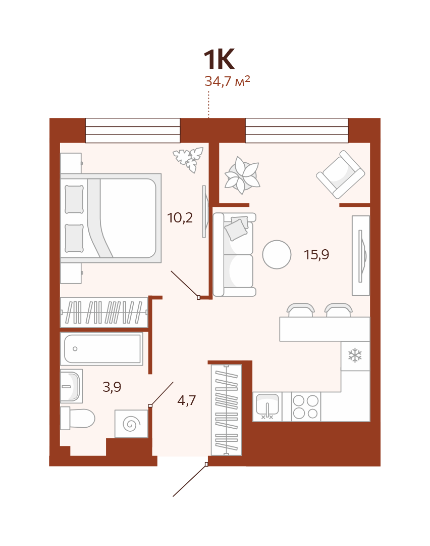 1-комнатная №247 площадью 34.67 м² в ЖК Новатор на 8 этаже